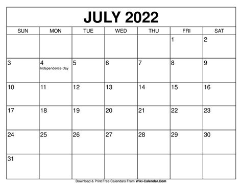 July 2022 Calendar Wiki